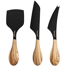 hecef Cheese Knife Set of 3, Includes Pronged, Hard Cheese & Chisel Knife, Matte Black Stainless Steel Knives with Wood Grain Handles, Cheese Tools for Charcuterie Boards, Entertaining, Feast