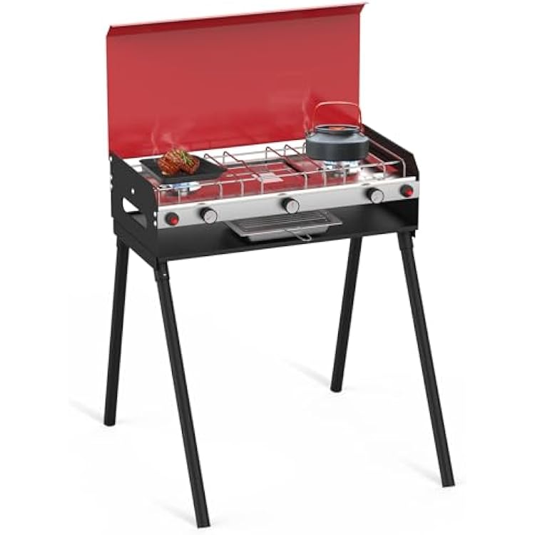 CAMPLUX 2 Burners & 1 Grill Propane Camping Stove, 15,000 BTU Portable Outdoor Propane Camping Grill Burner with Free Standing Legs, Auto-Ignition Gas Stove with Regulator, Red