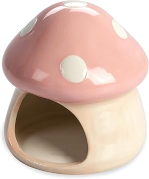 AnRui Ceramic Betta Fish Tank Accessories Decor Cute Mushroom House Aquarium Decoration Hideout Cave Ornament for Small Fish, Shrimp, Goldfish and Reptiles Pink