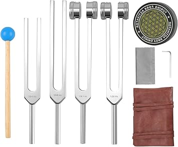 Tuning Forks for Healing Set, 128Hz, 136Hz, 256Hz, 384Hz & Activator for Healing Chakra Set Sound Healing Therapy Aluminum Alloy Sensory Tuning Fork Activator for Healing