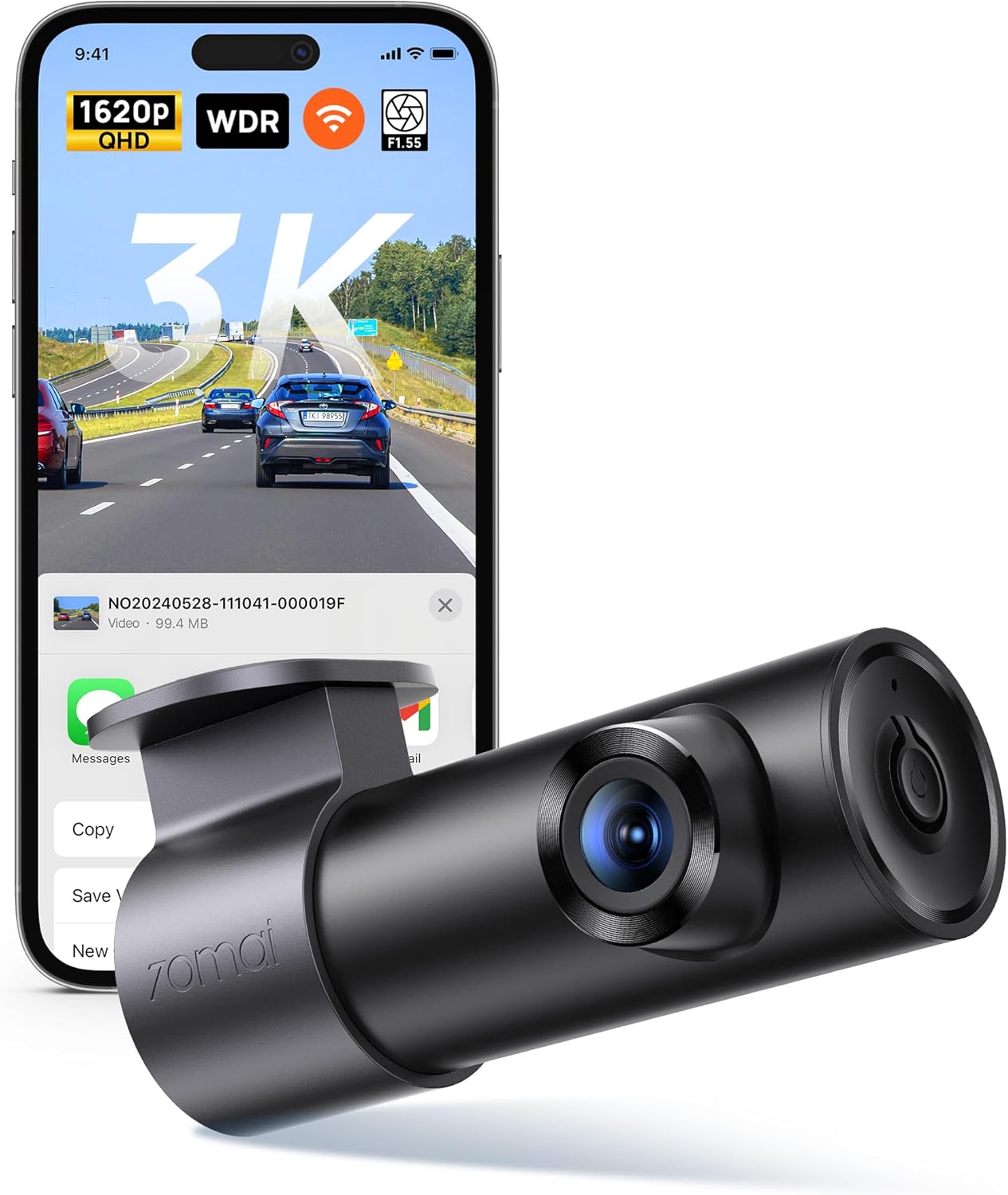 70mai M310 Plus 3K Mini Dash Cam for Cars 1620P WDR WiFi Car Camera Super Night Vision 24-Hour Parking Monitoring with App Control Loop Recording Collision Detection Max 256GB