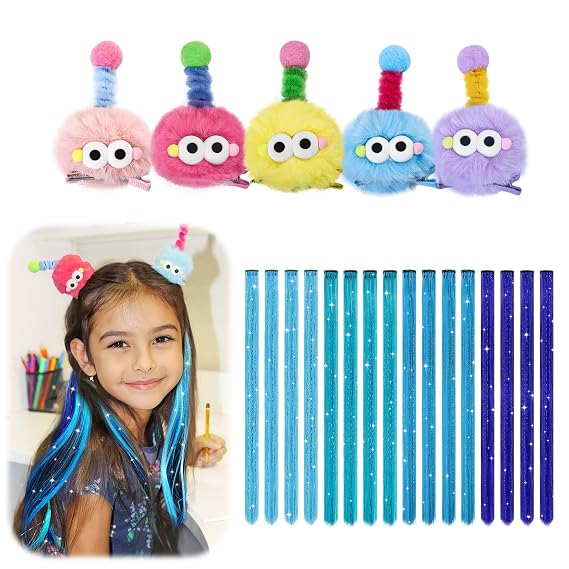5 PCS Cartoon Hair Clips and 16 PCS Blue Hair Extensions with Tinsel, Crazy Hair Day Accessories for Kids