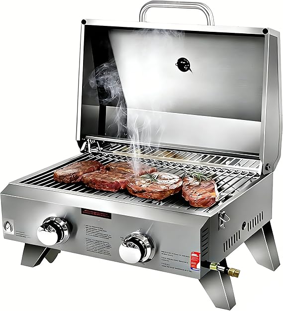 Portable Stainless Steel Gas Grill, 2 BurnersTabletop Gas Grill with Foldable Legs and Wind Proof Lid for Outdoor Cooking, Patio, Party, Camping, RV